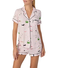 kate spade new york Short Sleeve Notch Collar Jersey Knit Mischievous Pets Print Shorty Pajama Set