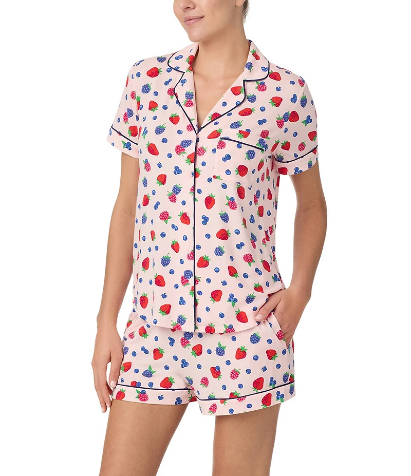kate spade new york Short Sleeve Notch Collar Jersey Knit Mixed Berries Fruit Print Shorty Pajama Set