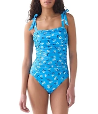 kate spade new york Sketched Blooms Shoulder Bow Tie Shirred Bandeau One Piece Swimsuit