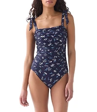 kate spade new york Sketched Blooms Shoulder Bow Tie Shirred Bandeau One Piece Swimsuit