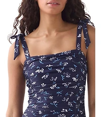 kate spade new york Sketched Blooms Shoulder Bow Tie Shirred Bandeau One Piece Swimsuit