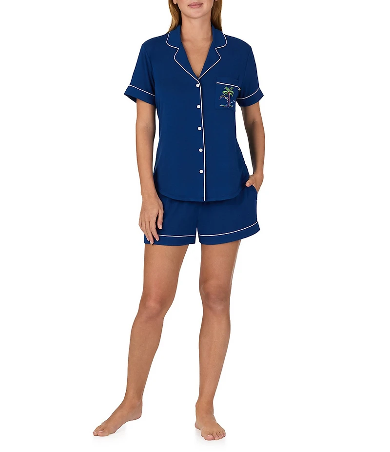 kate spade new york Solid Short Sleeve Notch Collar Jersey Knit Shorty Pajama Set
