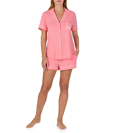 kate spade new york Solid Short Sleeve Notch Collar Jersey Knit Shorty Pajama Set