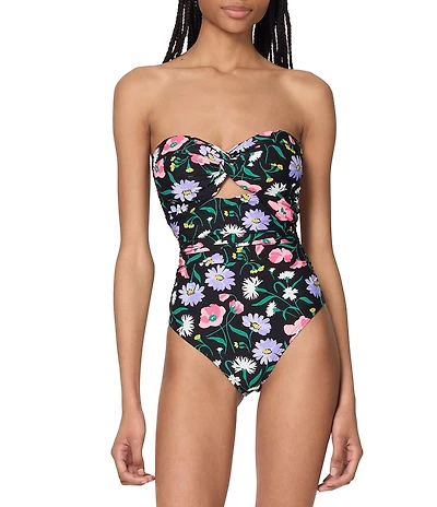 kate spade new york Spring Bouquet Sweetheart Neck Cut-Out Shirred Bandeau One Piece Swimsuit