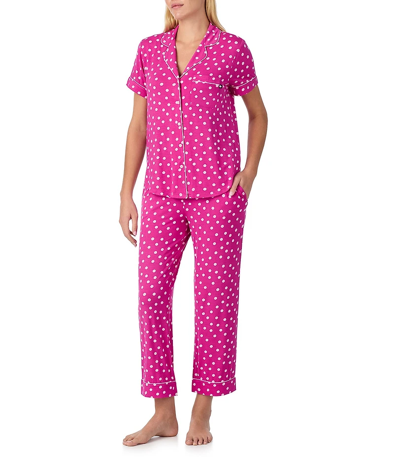 kate spade new york Springtime Dot Print Short Sleeve Notch Collar Jersey Knit Cropped Pajama Set