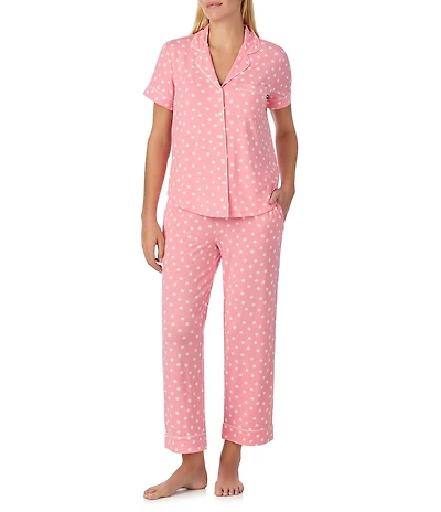 kate spade new york Springtime Dot Short Sleeve Notch Collar Button-Front Jersey Knit Cropped Pajama Set