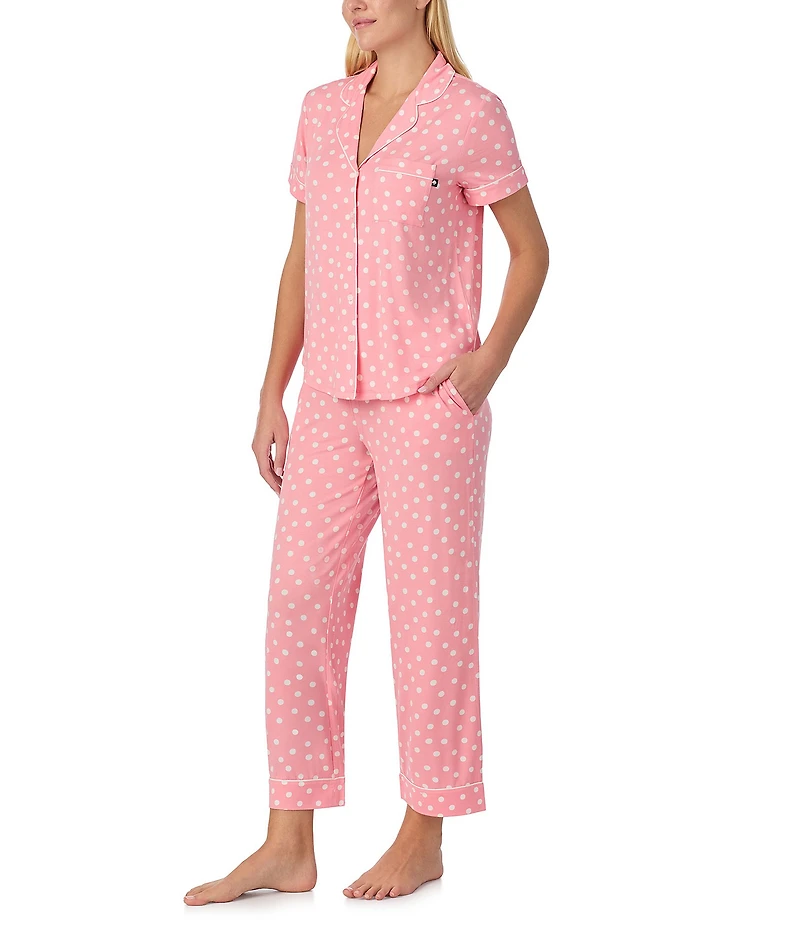 kate spade new york Springtime Dot Short Sleeve Notch Collar Button-Front Jersey Knit Cropped Pajama Set