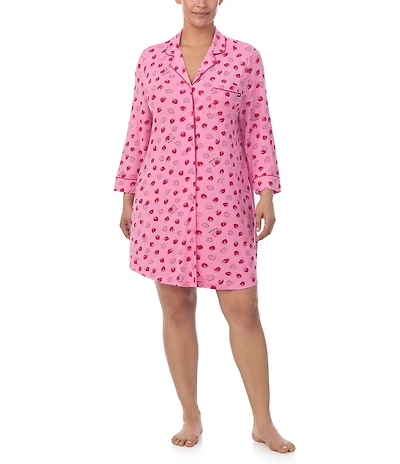 kate spade new york Plus Size Strawberry Print Long Sleeve Notch Collar Knit Sleepshirt