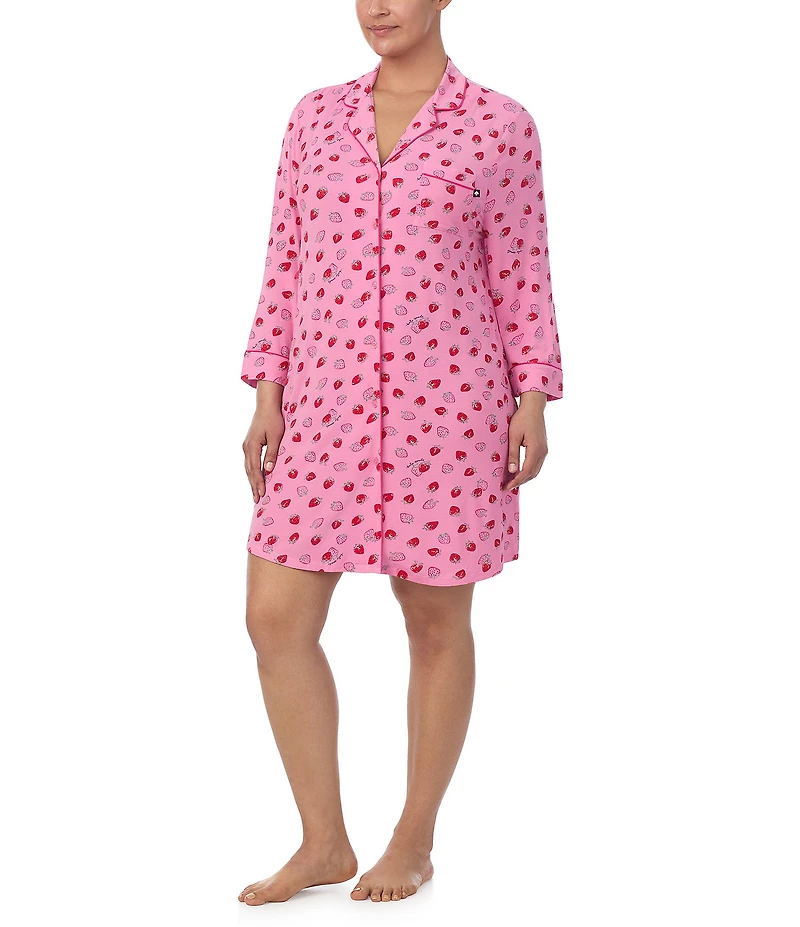 kate spade new york Plus Size Strawberry Print Long Sleeve Notch Collar Knit Sleepshirt