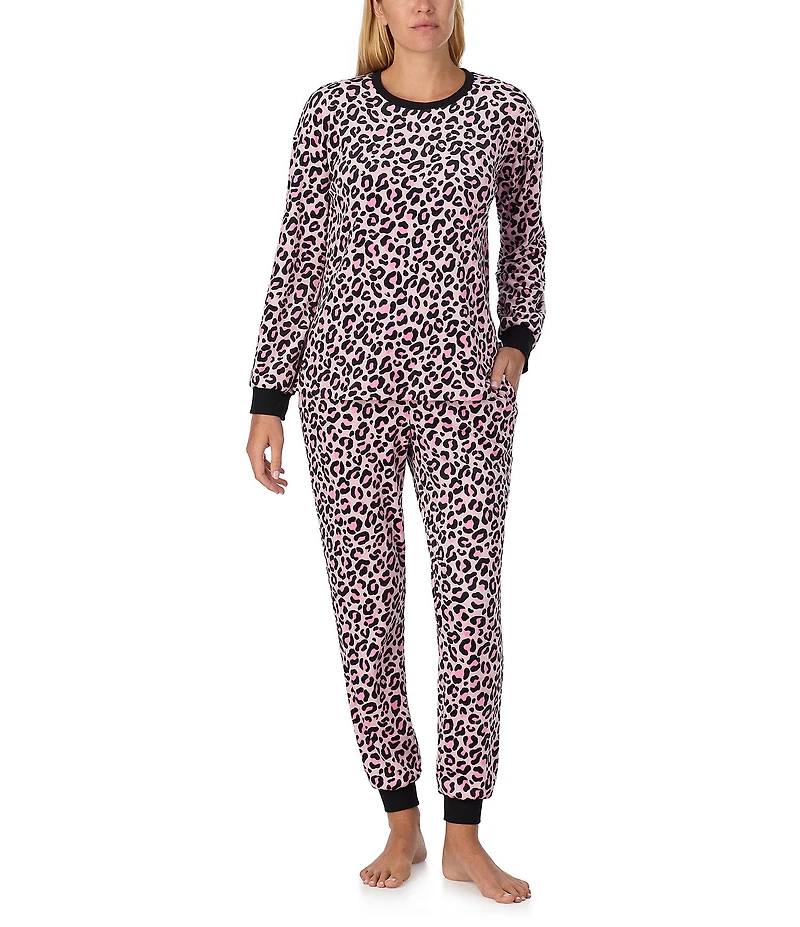 kate spade new york Stretch Velour Leopard Long Sleeve Crew Neck Pajama Set