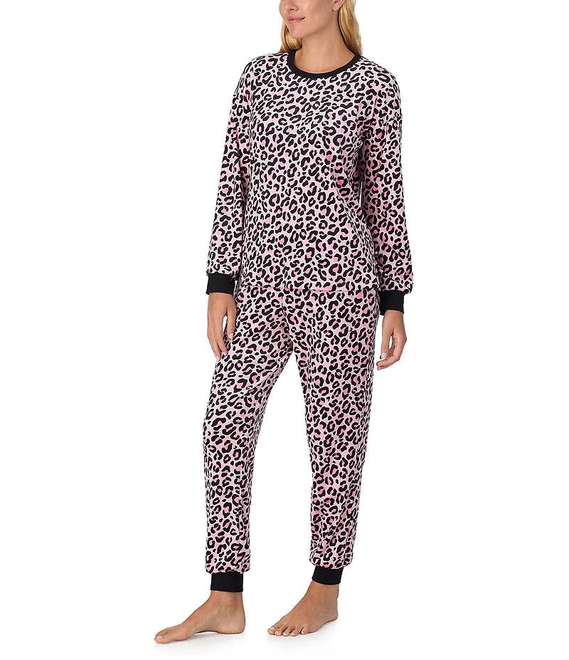 kate spade new york Stretch Velour Leopard Long Sleeve Crew Neck Pajama Set