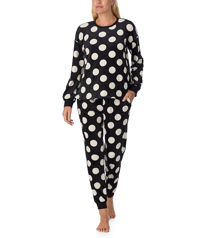 kate spade new york Stretch Velour Polka Dot Long Sleeve Crew Neck Long Pajama Set