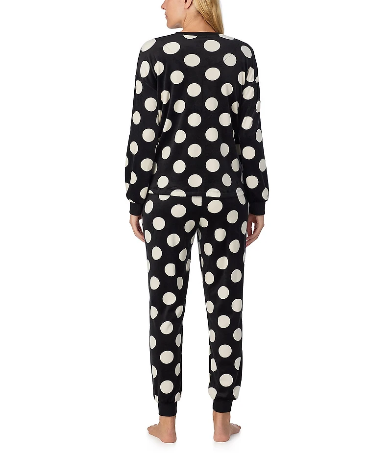 kate spade new york Stretch Velour Polka Dot Long Sleeve Crew Neck Long Pajama Set