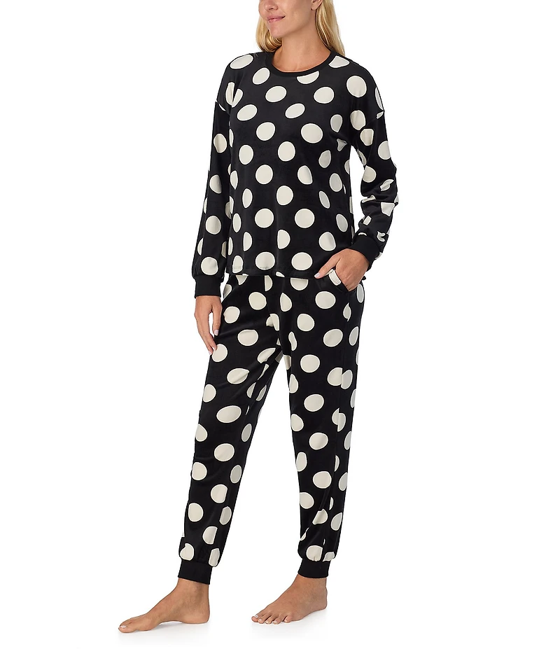 kate spade new york Stretch Velour Polka Dot Long Sleeve Crew Neck Long Pajama Set
