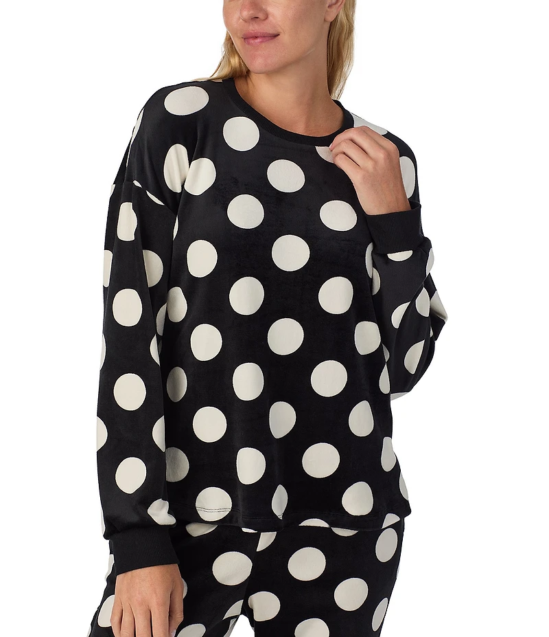 kate spade new york Stretch Velour Polka Dot Long Sleeve Crew Neck Long Pajama Set