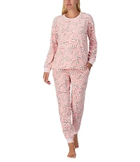 kate spade new york Stretch Velour Ribbon Print Long Sleeve Crew Neck Long Pajama Set