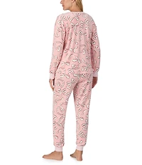 kate spade new york Stretch Velour Ribbon Print Long Sleeve Crew Neck Long Pajama Set