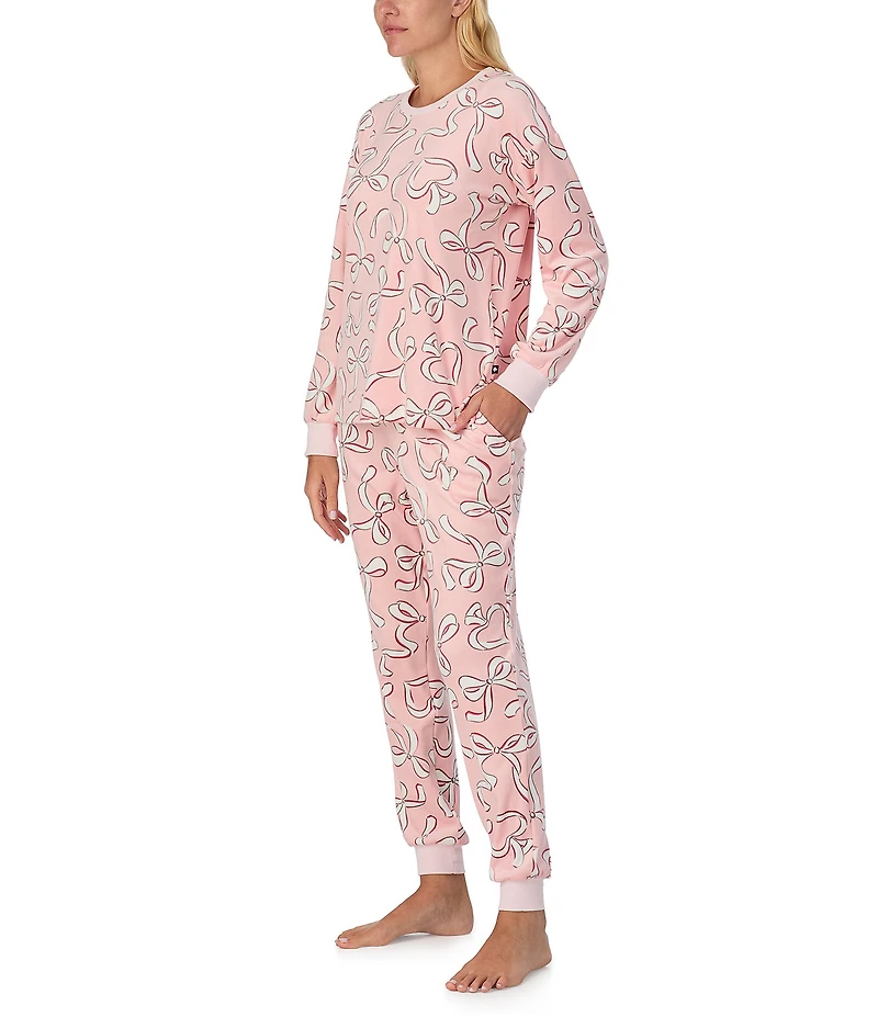 kate spade new york Stretch Velour Ribbon Print Long Sleeve Crew Neck Long Pajama Set