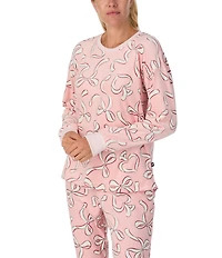kate spade new york Stretch Velour Ribbon Print Long Sleeve Crew Neck Long Pajama Set