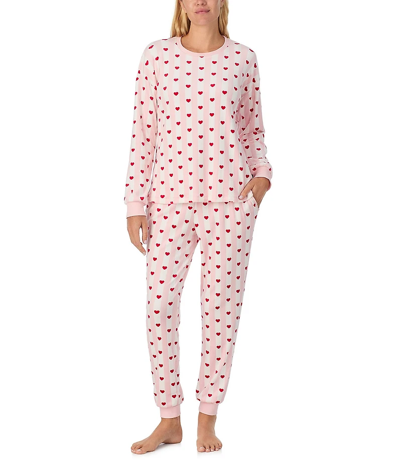 kate spade new york Stretch Velour Stripe Heart Print Long Sleeve Crew Neck Long Pajama Set