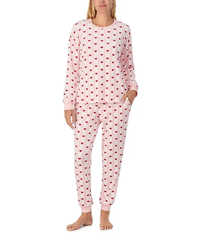 kate spade new york Stretch Velour Stripe Heart Print Long Sleeve Crew Neck Long Pajama Set