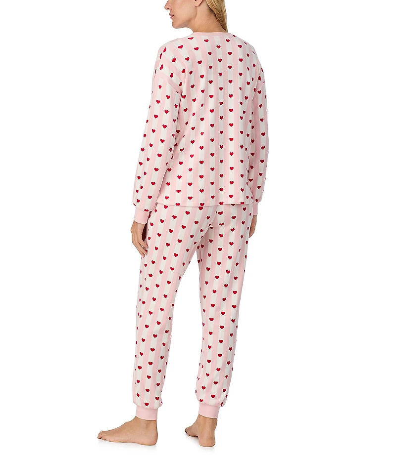 kate spade new york Stretch Velour Stripe Heart Print Long Sleeve Crew Neck Long Pajama Set