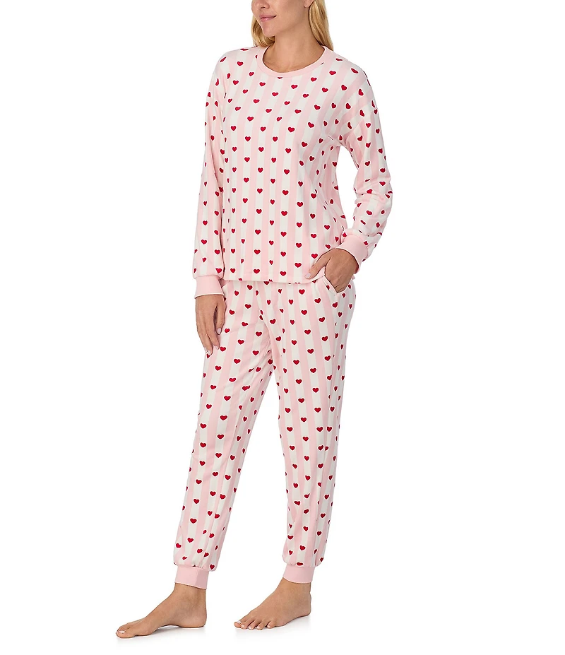 kate spade new york Stretch Velour Stripe Heart Print Long Sleeve Crew Neck Long Pajama Set