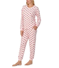 kate spade new york Stretch Velour Stripe Heart Print Long Sleeve Crew Neck Long Pajama Set