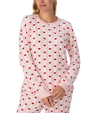 kate spade new york Stretch Velour Stripe Heart Print Long Sleeve Crew Neck Long Pajama Set
