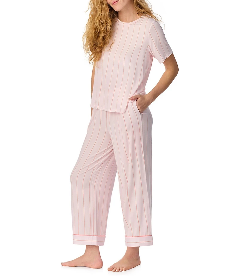 kate spade new york Stripe Print Short Sleeve Round Neck Jersey Knit Cropped Pajama Set