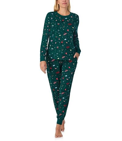 kate spade new york Sugar Plum Fairy Print Long Sleeve Crew Neck Top & Jogger Long Knit Holiday Pajama Set