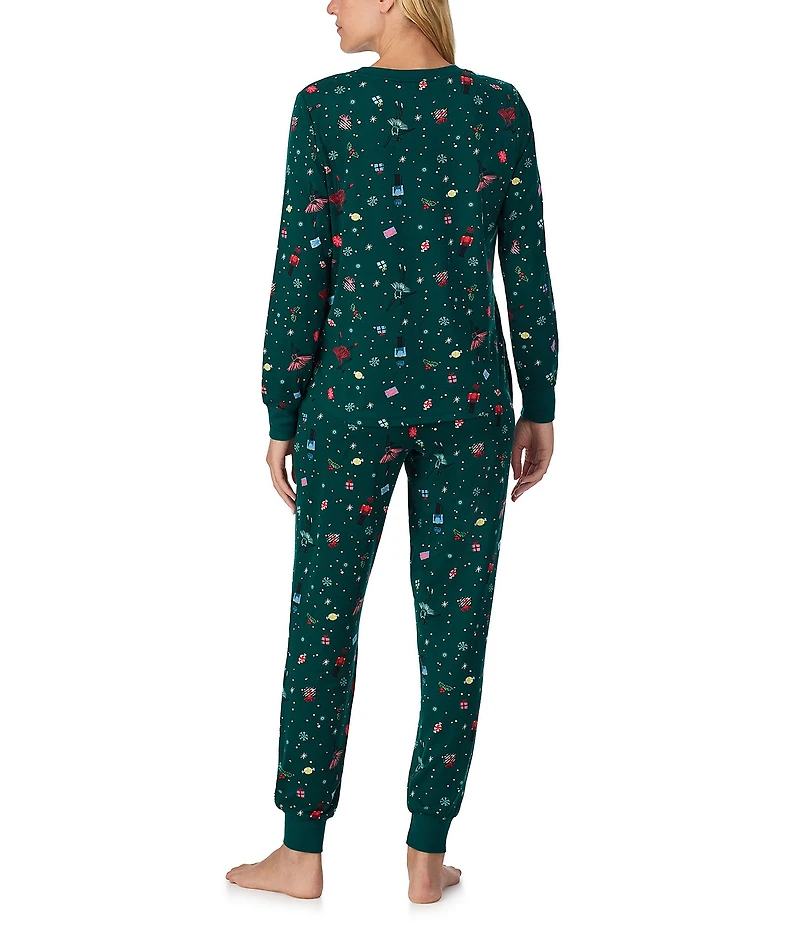kate spade new york Sugar Plum Fairy Print Long Sleeve Crew Neck Top & Jogger Long Knit Holiday Pajama Set