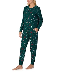 kate spade new york Sugar Plum Fairy Print Long Sleeve Crew Neck Top & Jogger Long Knit Holiday Pajama Set
