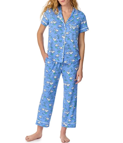 kate spade new york Swan Print Short Sleeve Notch Collar Brushed Jersey Knit Cropped Pajama Set