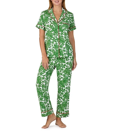 kate spade new york Tropical Floral Print Short Sleeve Notch Collar Jersey Knit Cropped Pajama Set