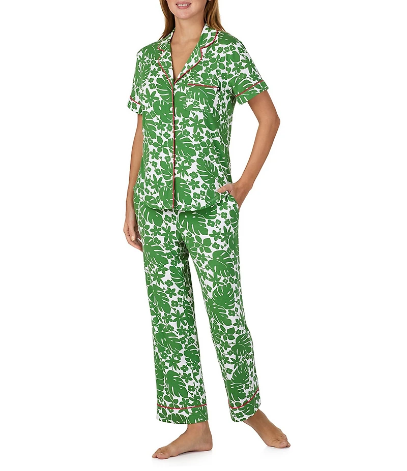 kate spade new york Tropical Floral Print Short Sleeve Notch Collar Jersey Knit Cropped Pajama Set