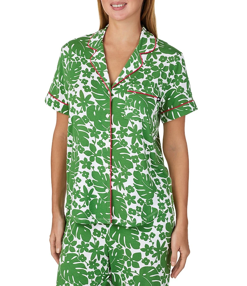 kate spade new york Tropical Floral Print Short Sleeve Notch Collar Jersey Knit Cropped Pajama Set