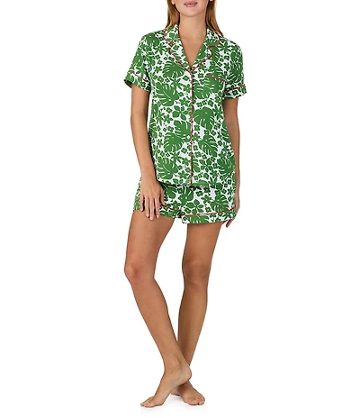 kate spade new york Tropical Floral Print Short Sleeve Notch Collar Jersey Knit Shorty Pajama Set