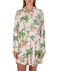 kate spade new york Tropical Jungle Print Long Sleeve Notch Collar Jersey Knit Sleepshirt