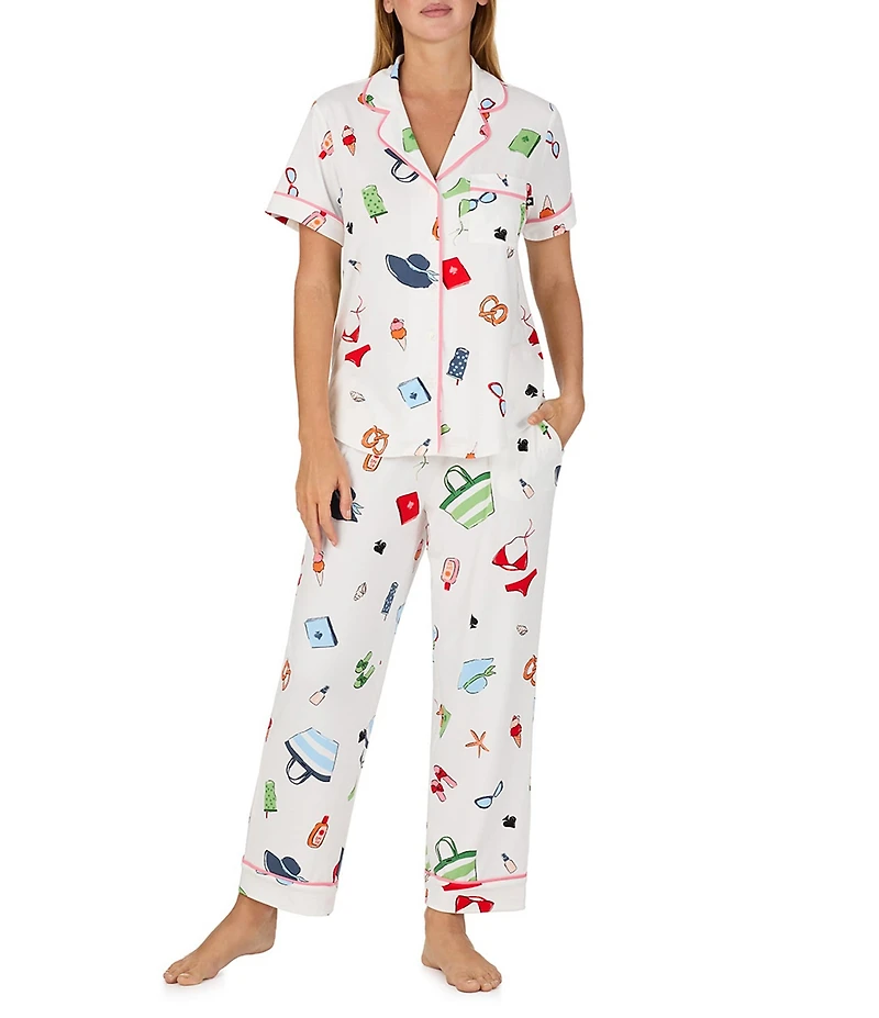 kate spade new york Vacation Time Print Short Sleeve Notch Collar Brushed Jersey Knit Cropped Pajama Set