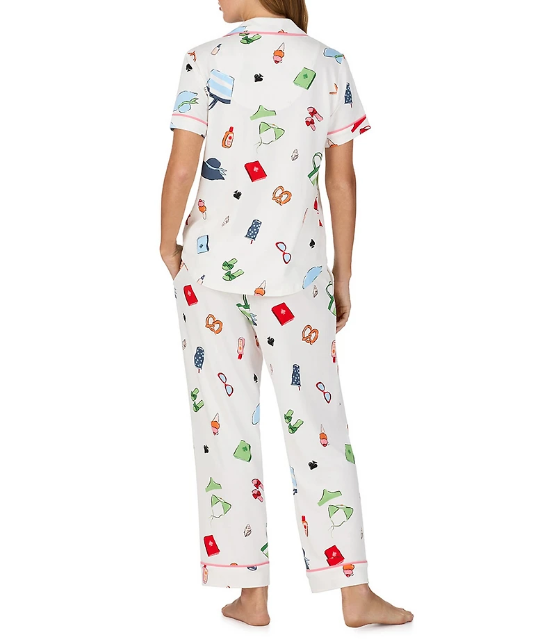 kate spade new york Vacation Time Print Short Sleeve Notch Collar Brushed Jersey Knit Cropped Pajama Set