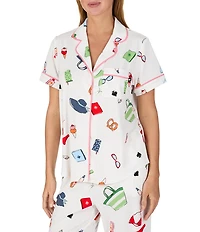 kate spade new york Vacation Time Print Short Sleeve Notch Collar Brushed Jersey Knit Cropped Pajama Set
