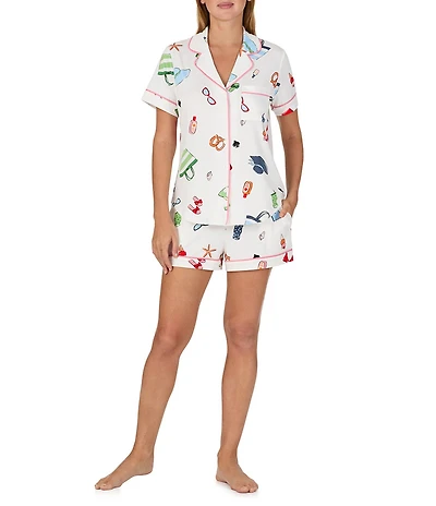 kate spade new york Vacation Time Print Short Sleeve Notch Collar Brushed Jersey Knit Shorty Pajama Set
