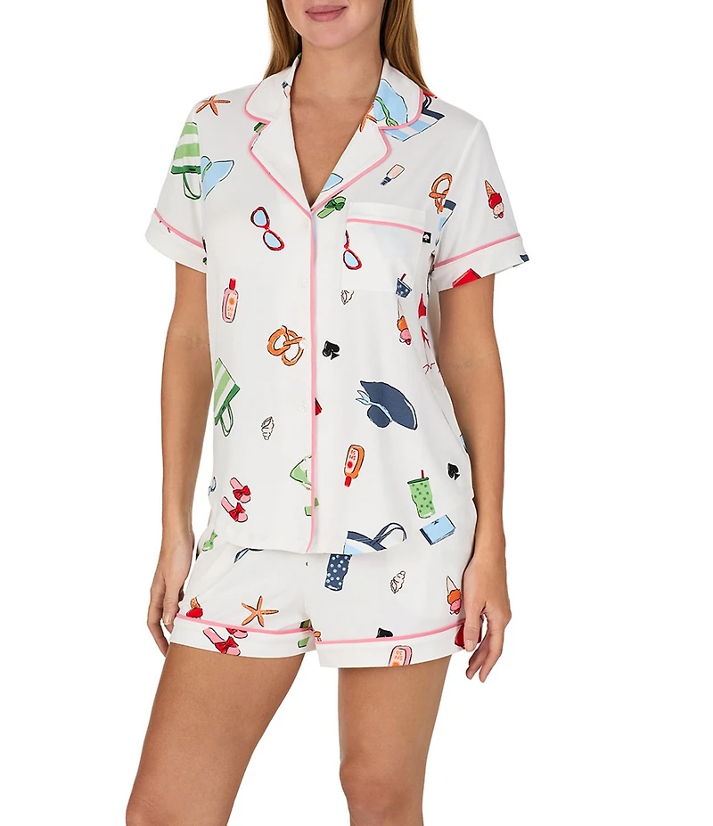 kate spade new york Vacation Time Print Short Sleeve Notch Collar Brushed Jersey Knit Shorty Pajama Set