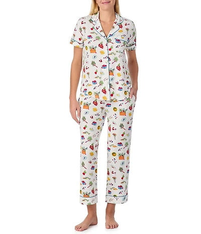 kate spade new york Vibrant Garden Print Short Sleeve Notch Collar Jersey Knit Cropped Pajama Set