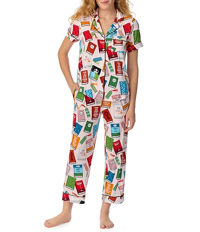 kate spade new york Well Read Print Short Sleeve Notch Collar Jersey Knit Cropped Pajama Set
