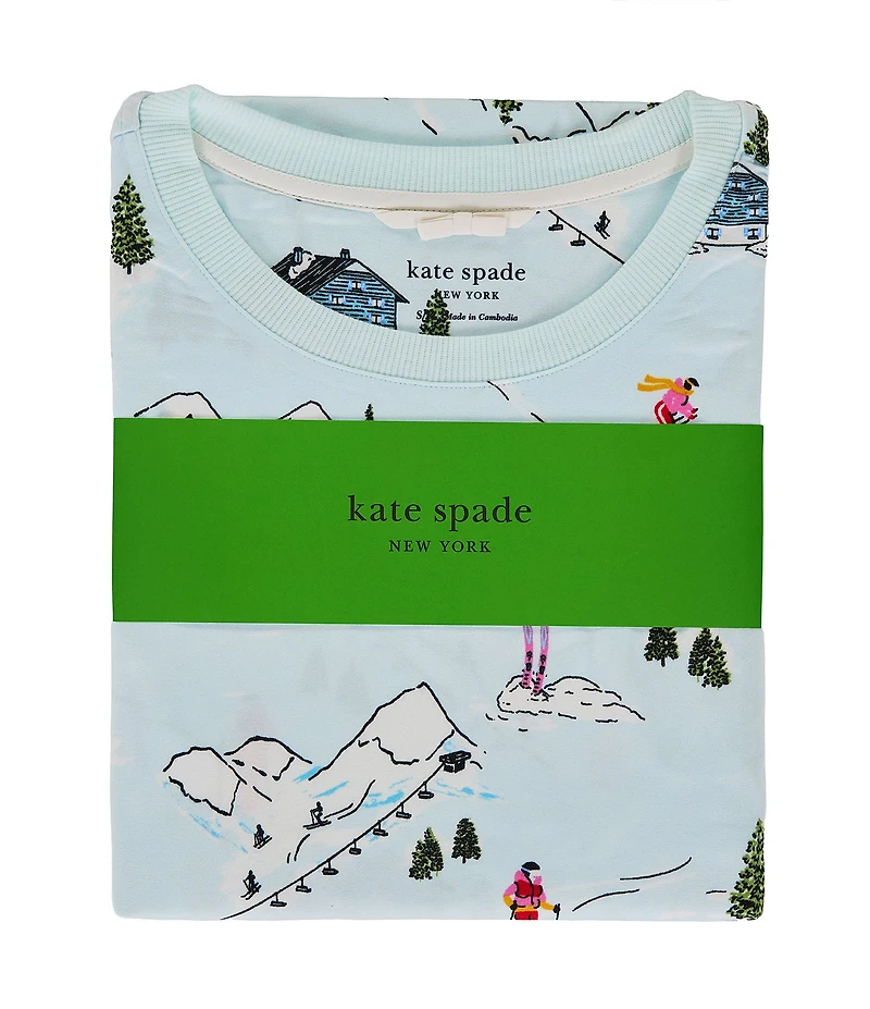 kate spade new york Winter Village Print Long Sleeve Crew Neck Top & Jogger Long Holiday Pajama Set