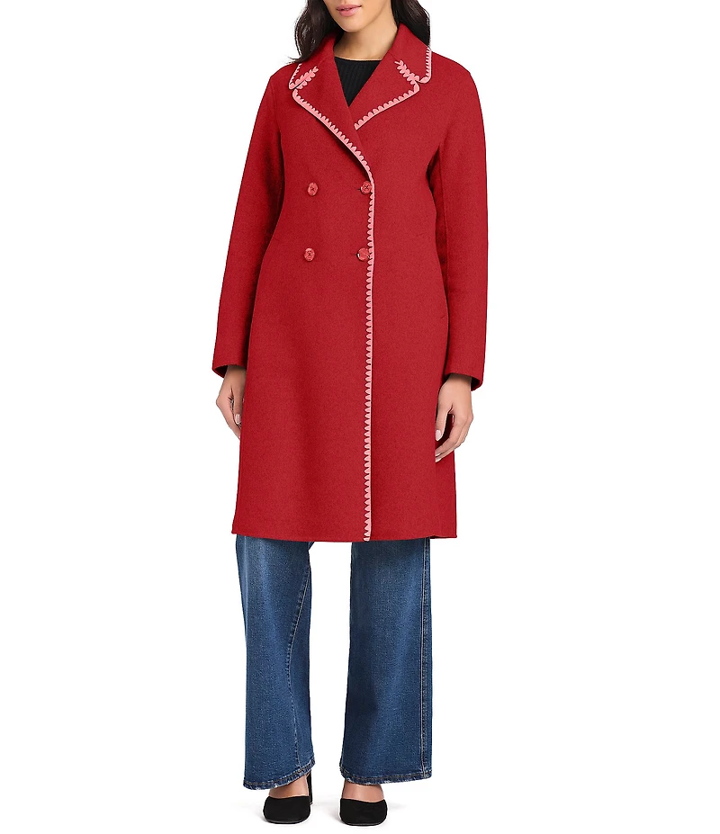 kate spade new york Wool Blend Embroidered Scallop Notch Collar Double Breasted Coat