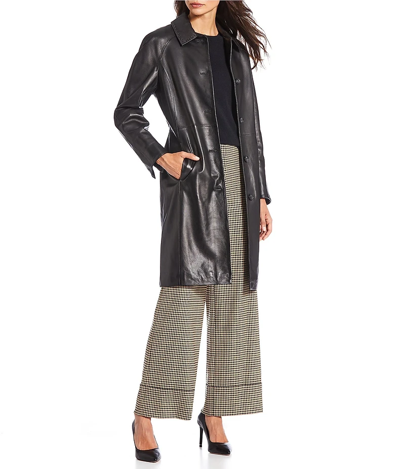 Katherine Kelly Genuine Lamb Leather Detailed Trim Shirt Collar Button Front Jacket
