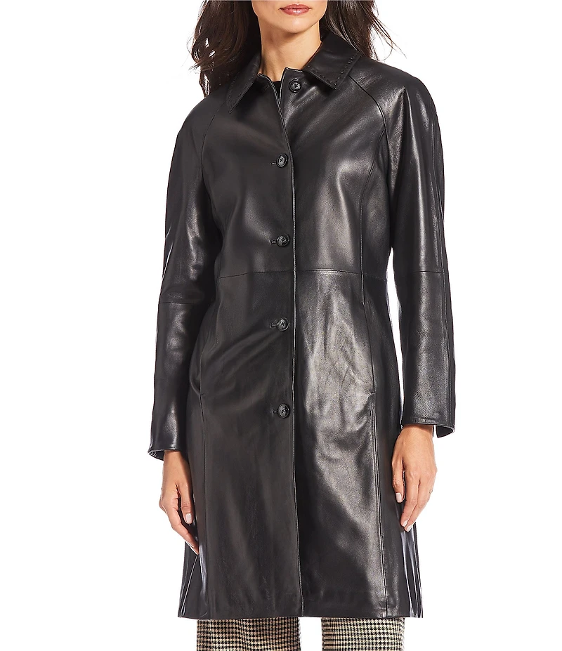 Katherine Kelly Genuine Lamb Leather Detailed Trim Shirt Collar Button Front Jacket